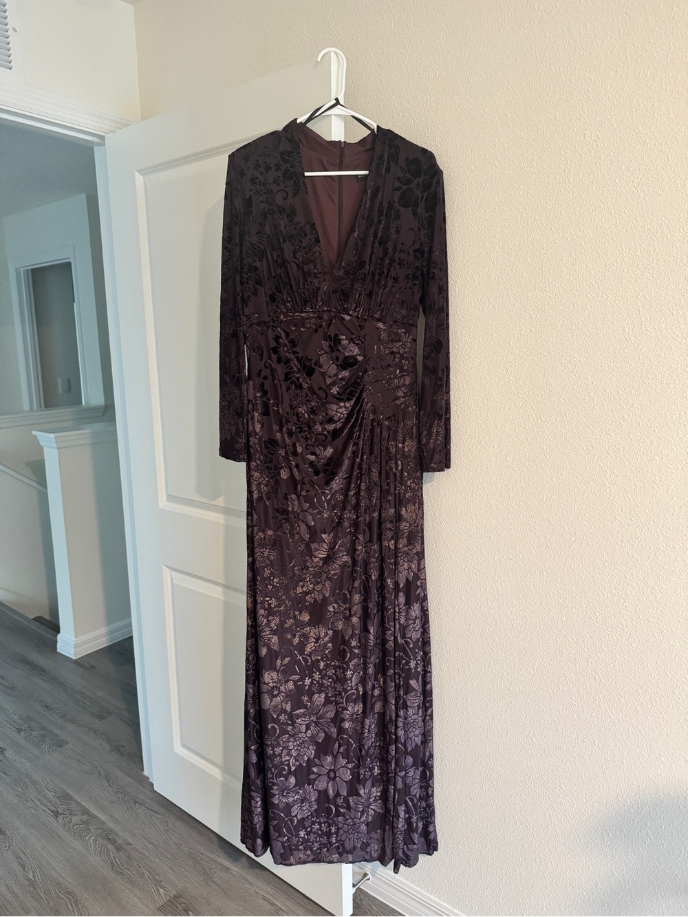 Betsy & Adam Plum Floral Burnout Long Sleeve Maxi Dress